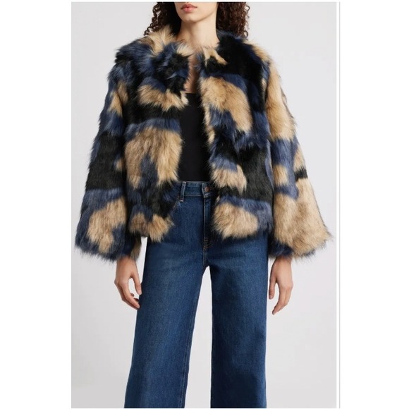 FARM Rio Jackets & Blazers - Farm Rio Faux Fur Jacket Blue Tan Black Colorblock Coat Womens Size Medium